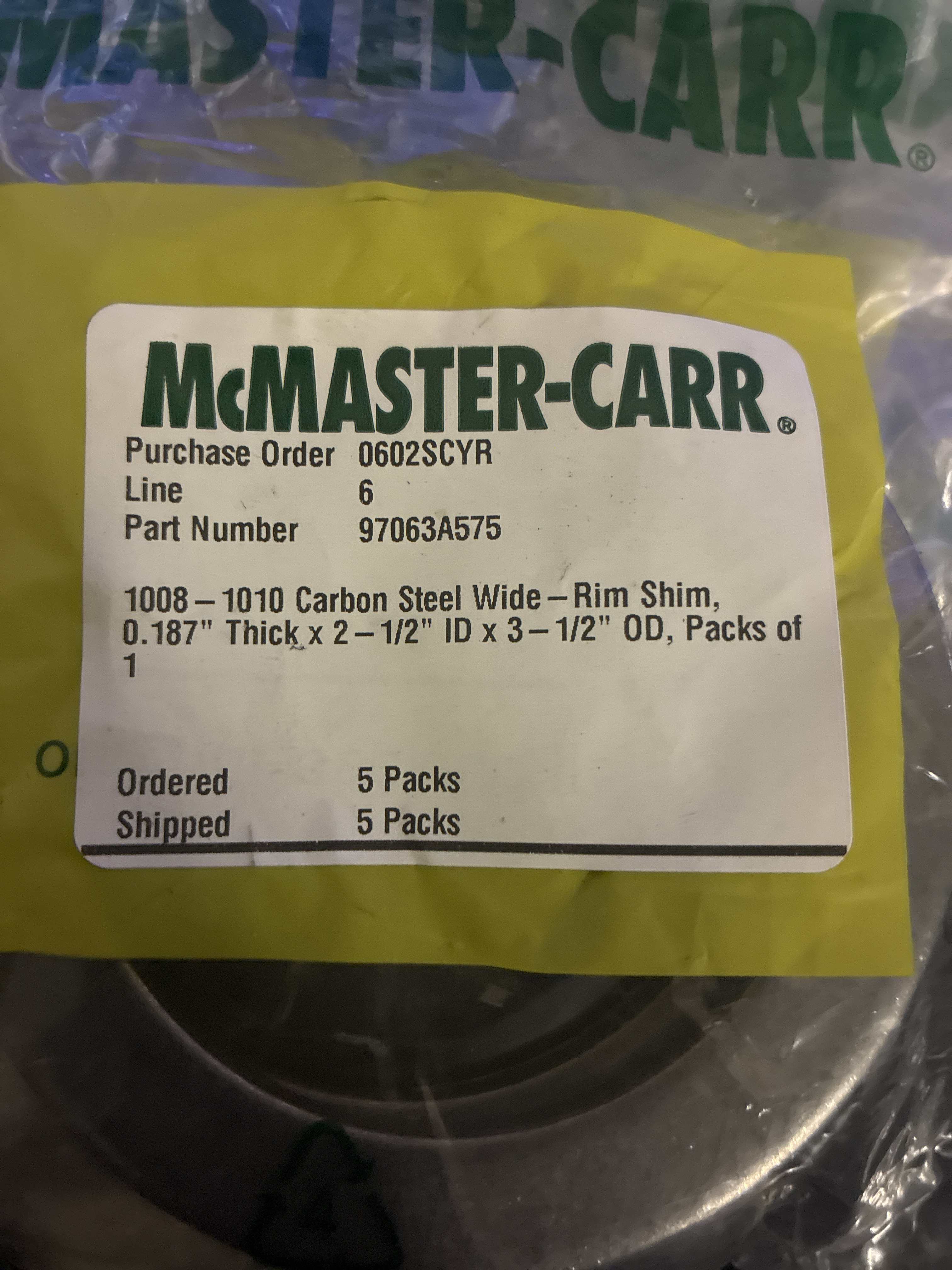 Wide-Rim Shim 0.187 x 2.5 ID x 3.5 OD